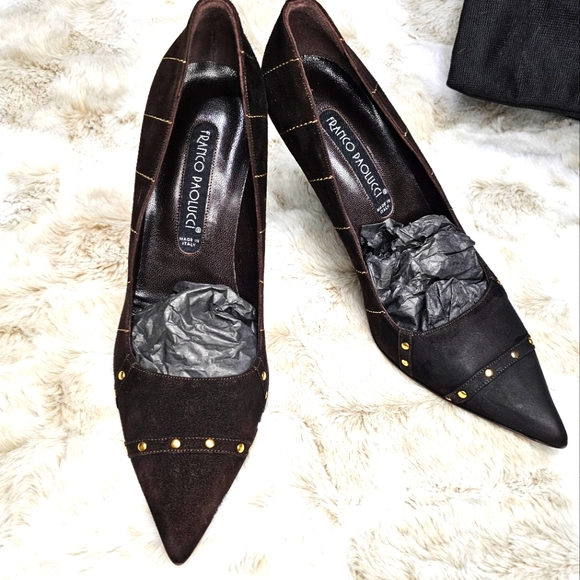 Franco Paolucci Shoes - Franco Paolucci pointed‎ toe suede brown/ gold accents, square heel Sz 39
